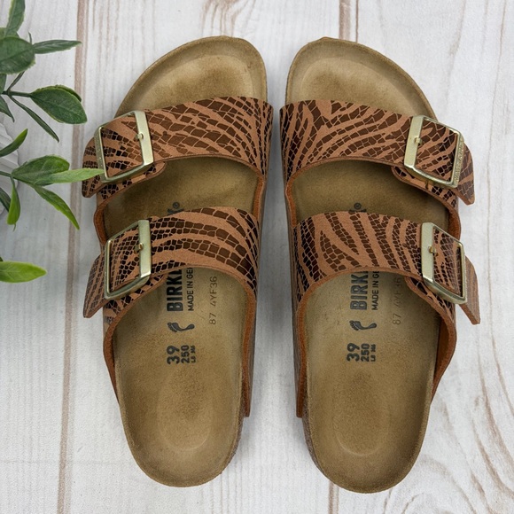 Birkenstock Arizona Double Strap Leather Sandals Metallic Copper Suede Sz EU 39 - Picture 2 of 14